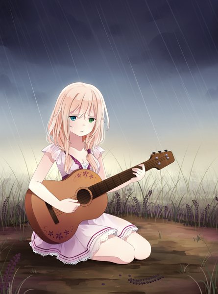 Anime picture 750x1010 with original hitsukuya single long hair tall image fringe blue eyes sitting holding green eyes aqua eyes heterochromia rain sad playing instrument girl dress plant (plants) musical instrument guitar