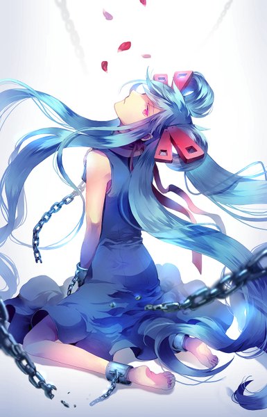 Anime picture 1080x1680 with sunakumo single tall image twintails blue hair very long hair profile pink eyes looking back girl dress hair ornament petals chain shackles