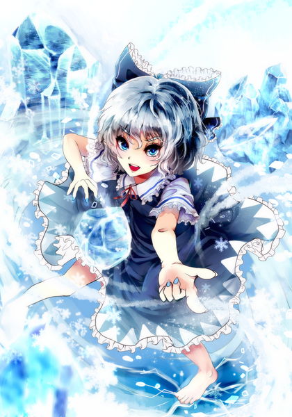 Anime picture 1050x1500 with touhou cirno kotonoman single tall image looking at viewer short hair open mouth blue eyes silver hair barefoot girl dress bow hair bow wings frills ice ice cube