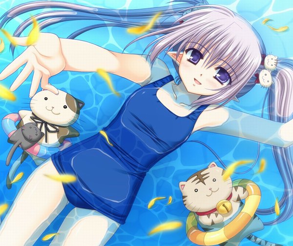Anime picture 1524x1282 with shuffle! primula nishimata aoi single long hair looking at viewer blush fringe open mouth twintails purple eyes payot silver hair arm up pointy ears partially submerged flat chest happy outstretched hand bell collar