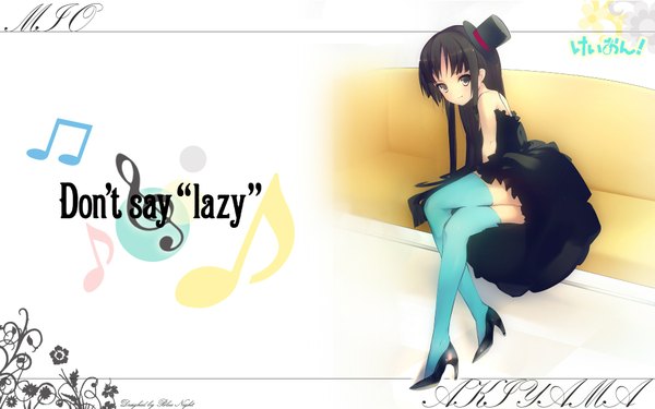Anime picture 1920x1200 with k-on! kyoto animation akiyama mio kaede (sayappa) single long hair looking at viewer highres black hair wide image full body high heels wallpaper copyright name crossed legs third-party edit don't say "lazy" girl thighhighs dress