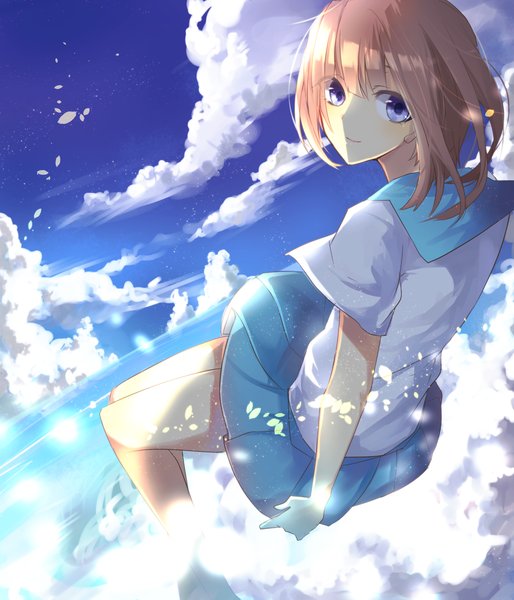 Anime picture 1200x1400 with original chunnkoromochi single tall image looking at viewer short hair smile brown hair purple eyes sky cloud (clouds) pleated skirt looking back barefoot sunlight bare legs short sleeves no shoes glow girl