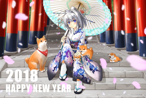 Anime picture 1748x1181 with original kaeru neko looking at viewer blush highres short hair blue eyes sitting silver hair full body traditional clothes japanese clothes new year happy new year 2018 girl animal petals socks kimono