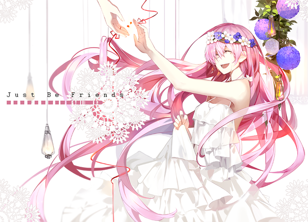 Anime picture 1000x723 with vocaloid just be friends (vocaloid) megurine luka saberiii long hair fringe open mouth white background bare shoulders pink hair very long hair wind tears text solo focus english outstretched hand girl dress flower (flowers)