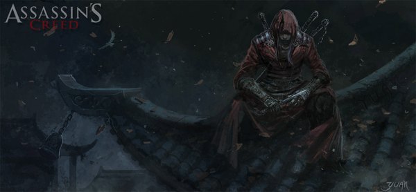 Anime picture 1600x742 with assassin's creed (game) chaoyuanxu single long hair blonde hair wide image sitting inscription dark background architecture east asian architecture boy weapon animal armor bird (birds) hood leaf (leaves) chain bell