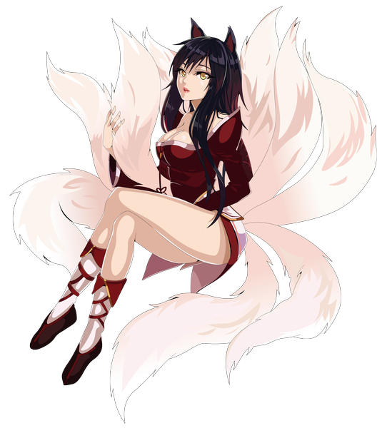 Anime picture 3300x3650 with league of legends ahri (league of legends) grindmx single long hair tall image looking at viewer highres black hair animal ears yellow eyes absurdres legs transparent background multiple tails girl