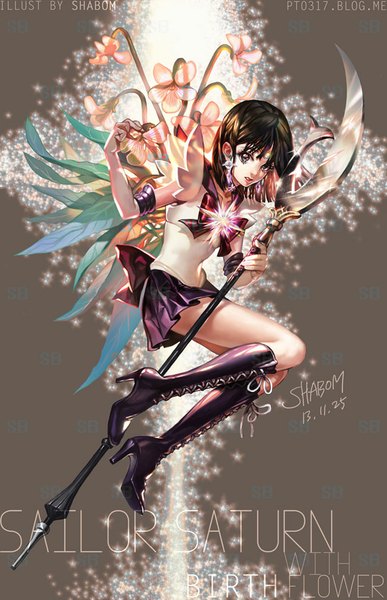 Anime picture 650x1008 with bishoujo senshi sailor moon toei animation tomoe hotaru sailor saturn shabomu single tall image looking at viewer fringe short hair black hair purple eyes holding pleated skirt lips inscription high heels glowing lacing happy birthday