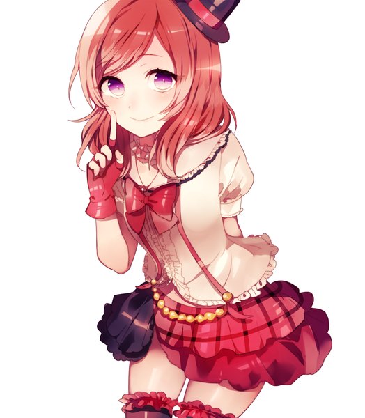 Anime picture 1600x1833 with love live! school idol project sunrise (studio) love live! nishikino maki akizuki mizuho (artist) single tall image looking at viewer blush fringe short hair simple background smile white background purple eyes red hair zettai ryouiki girl skirt gloves