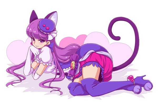 Anime picture 1748x1181 with precure kirakira precure a la mode toei animation kotozume yukari cure macaron soraxtukixrakugaki single long hair looking at viewer fringe highres simple background white background purple eyes animal ears purple hair full body tail animal tail cat ears