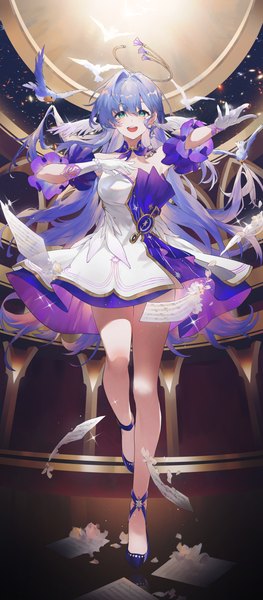 Anime picture 2628x5996 with honkai: star rail honkai (series) robin (honkai: star rail) swkl:d single long hair tall image looking at viewer fringe highres open mouth smile hair between eyes standing green eyes silver hair full body :d sparkle outstretched arm