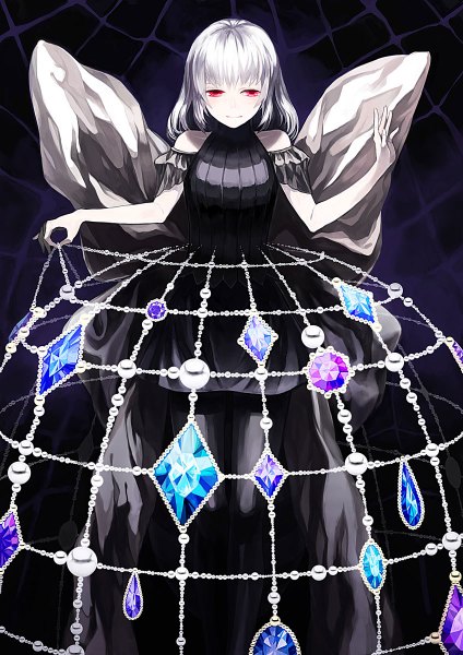 Anime picture 848x1200 with original madoisr single long hair tall image fringe red eyes silver hair girl dress bow black dress beads diamond (shape)