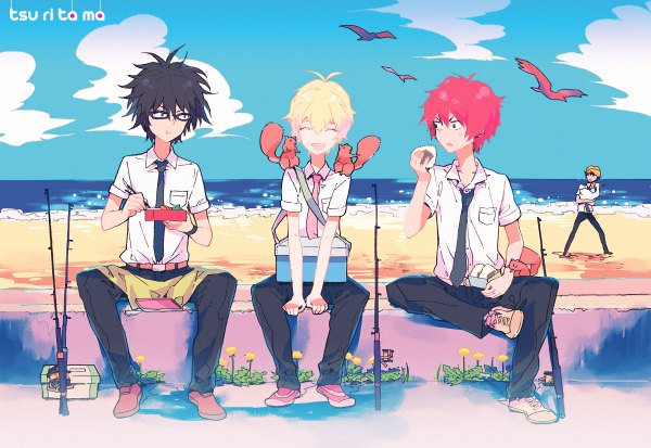 Anime picture 1200x826 with tsuritama a-1 pictures haru (tsuritama) sanada yuki usami natsuki akira agarkar yamada tapioca blush short hair open mouth black hair blonde hair sitting pink hair sky cloud (clouds) full body eyes closed inscription multiple boys