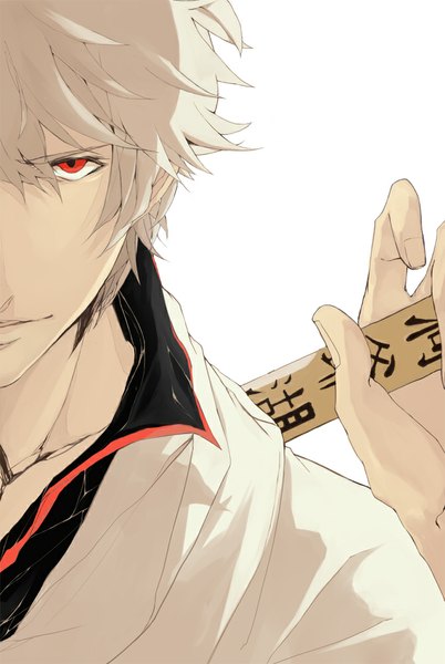 Anime picture 671x1000 with gintama sunrise (studio) sakata gintoki 7dog single tall image looking at viewer simple background red eyes white background traditional clothes japanese clothes light smile grey hair portrait boy weapon sword