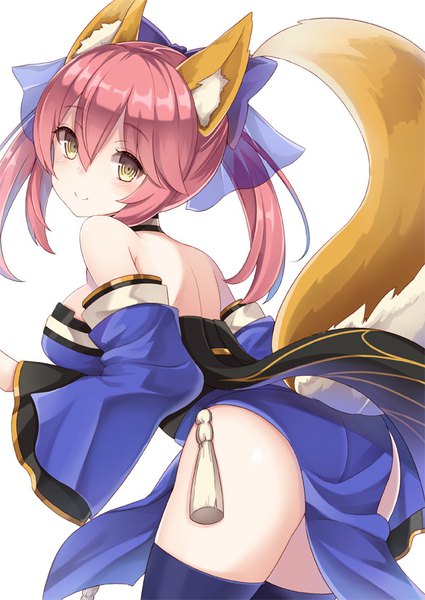 Anime picture 600x847 with fate (series) fate/extra tamamo (fate) (all) tamamo no mae (fate) yuzu-aki single long hair tall image looking at viewer blush fringe breasts light erotic simple background smile hair between eyes large breasts white background twintails bare shoulders
