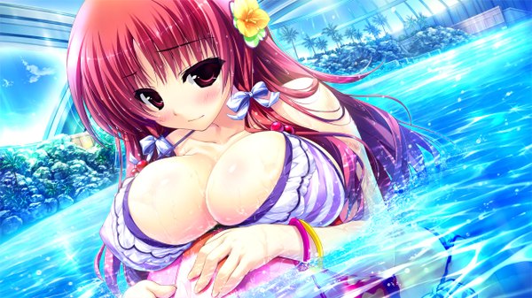 Anime picture 2560x1440 with prism recollection renjou sayaka shintarou single long hair looking at viewer blush highres breasts light erotic smile red eyes wide image large breasts bare shoulders game cg red hair hair flower embarrassed erect nipples