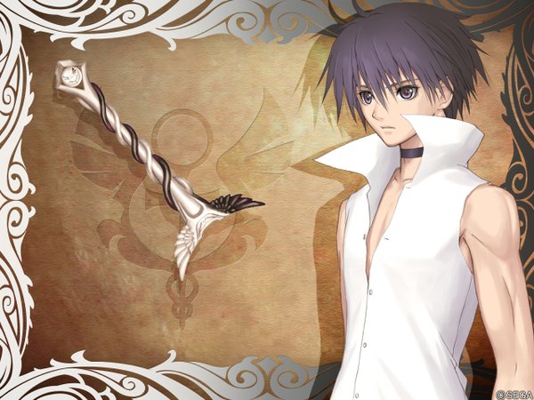 Anime picture 1280x960 with shining (series) shining tears shining wind xion magus tony taka single short hair purple eyes purple hair open clothes open shirt muscle boy shirt coat of arms