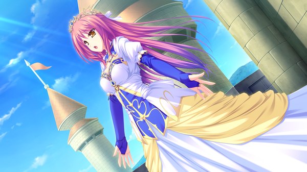 Anime picture 1920x1080 with ryuuyoku no melodia leki vestoria floria tenmaso long hair highres open mouth wide image yellow eyes pink hair game cg cloud (clouds) girl dress tiara