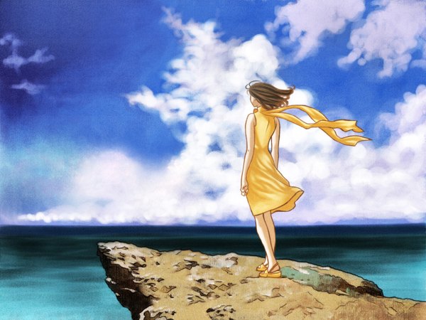 Anime picture 1600x1200 with rahxephon studio bones mishima reika single short hair brown hair sky cloud (clouds) girl dress scarf sea cliff