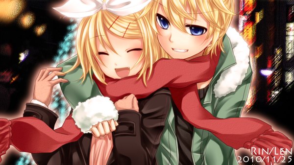Anime picture 1600x900 with vocaloid kagamine rin kagamine len yayoi (artist) blush open mouth blue eyes blonde hair wide image couple hug laughing shared scarf girl boy hair ornament bow hair bow jacket hairclip