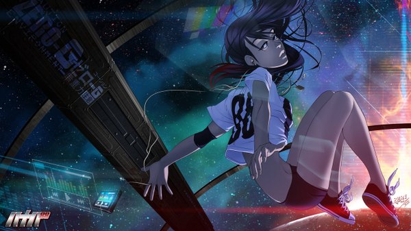 Anime picture 1280x720 with original vashperado single long hair looking at viewer open mouth black hair wide image space girl shoes shorts headphones pendant short shorts star (stars) sneakers