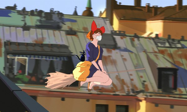 Anime picture 1400x841 with kiki's delivery service studio ghibli kiki jiji snatti fringe short hair brown hair wide image sitting brown eyes looking away sky bent knee (knees) outdoors looking back flying witch broom riding girl