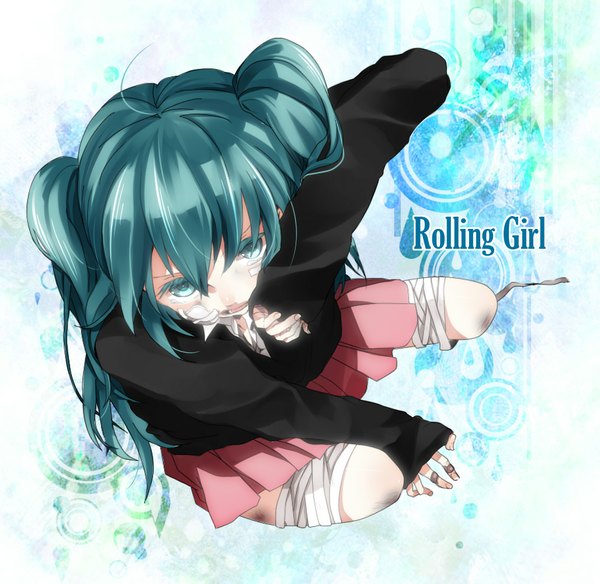 Anime picture 1027x1000 with vocaloid rolling girl (vocaloid) hatsune miku single long hair open mouth twintails long sleeves aqua eyes aqua hair tears girl skirt uniform school uniform shirt bandage (bandages) bandaid