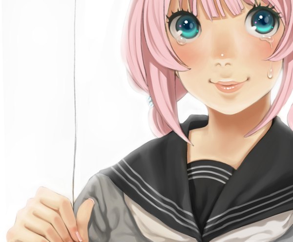 Anime picture 2550x2105 with vocaloid megurine luka minami haruya single looking at viewer blush highres short hair simple background white background holding pink hair aqua eyes light smile tears girl sailor suit teardrop hand thread