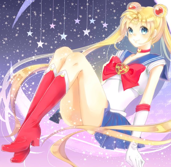 Anime picture 4620x4528 with bishoujo senshi sailor moon toei animation tsukino usagi sailor moon kinako217 highres blue eyes blonde hair smile twintails absurdres very long hair girl skirt gloves hair ornament boots star (symbol) sailor suit