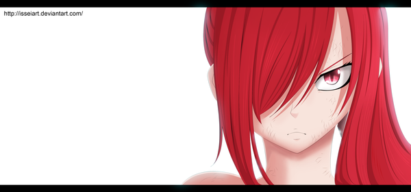 Anime picture 4000x1869 with fairy tail erza scarlet isseiart single long hair fringe highres simple background wide image white background red hair pink eyes hair over one eye coloring close-up face girl