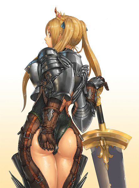 Anime picture 628x850 with kanda (ura-kanda) single tall image light erotic simple background blonde hair twintails brown eyes ass from behind sweat covering girl gloves weapon sword armor leotard tiara huge weapon