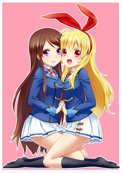 Anime picture 723x1023 with aikatsu! hoshimiya ichigo shibuki ran yuu (derodero) long hair tall image blush open mouth simple background blonde hair smile red eyes brown hair purple eyes multiple girls holding hands border pink background interlocked fingers cheek-to-cheek