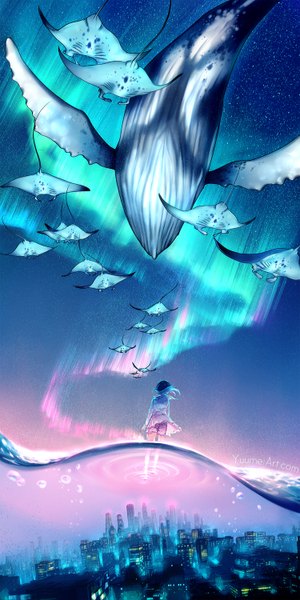 Anime picture 750x1500 with original yuumei single long hair tall image signed blue hair wind night from below night sky partially submerged city watermark cityscape walking city lights morning sunrise aurora borealis