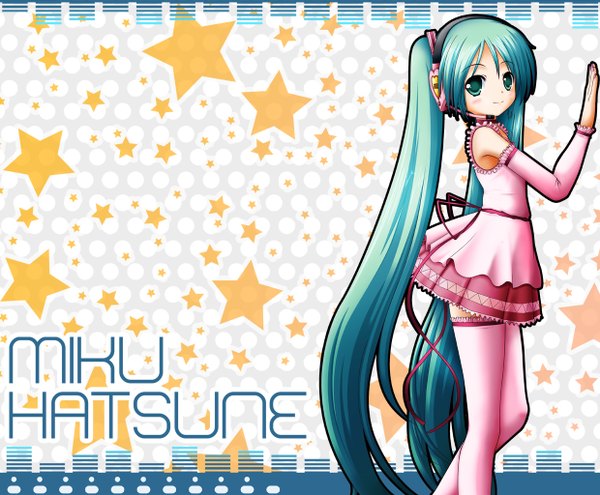 Anime picture 1240x1024 with vocaloid hatsune miku tagme (artist) single standing twintails very long hair aqua eyes aqua hair character names girl thighhighs dress detached sleeves headphones star (symbol) headset
