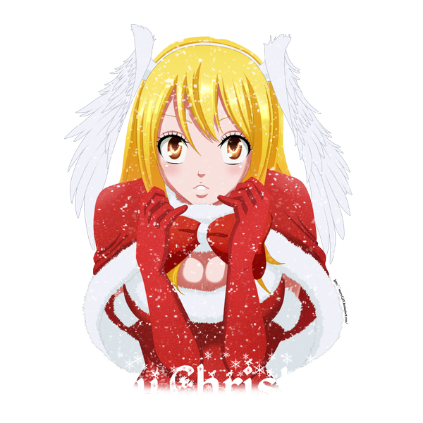 Anime picture 1000x1000 with fairy tail lucy heartfilia enara123 single long hair blush blonde hair brown eyes inscription coloring snowing christmas winter transparent background head wings merry christmas girl gloves elbow gloves snowflake (snowflakes)