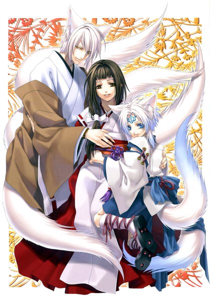 Anime picture 4355x6242 with hiiro no kakera yuuichi komura yone kazuki long hair tall image highres short hair brown hair brown eyes yellow eyes absurdres white hair traditional clothes light smile scan fox ears fox tail multiple tails girl boy