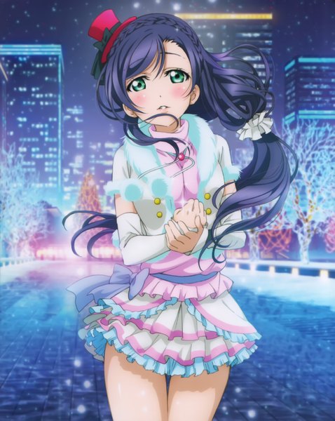 Anime picture 3228x4053 with love live! school idol project sunrise (studio) love live! toujou nozomi single long hair tall image looking at viewer blush highres blue eyes absurdres purple hair scan official art girl dress hat mini hat mini top hat