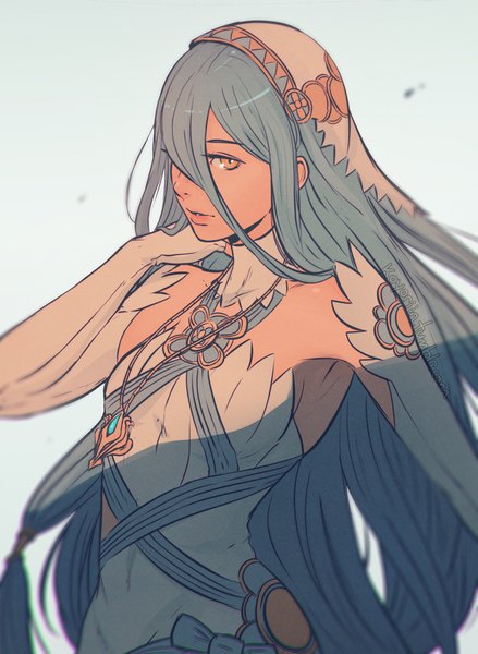 Anime picture 750x1024 with fire emblem fire emblem fates azura (fire emblem) koyoriin single tall image looking at viewer fringe simple background hair between eyes standing bare shoulders signed upper body very long hair parted lips wind lips grey hair hair over one eye