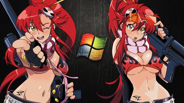 Anime picture 1920x1080 with tengen toppa gurren lagann gainax windows (operating system) windows xp yoko littner long hair looking at viewer blush highres breasts open mouth light erotic wide image large breasts multiple girls yellow eyes ponytail red hair one eye closed wink