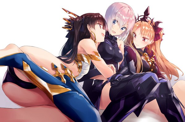 Anime picture 1024x678 with fate (series) fate/grand order mash kyrielight ishtar (fate) ereshkigal (fate) yomo (majidon) long hair fringe breasts open mouth light erotic simple background hair between eyes red eyes brown hair sitting purple eyes bare shoulders multiple girls silver hair