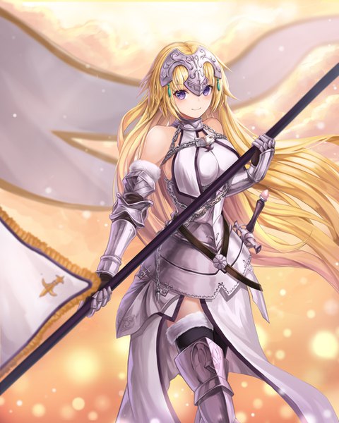 Anime picture 1000x1250 with fate (series) fate/apocrypha jeanne d'arc (fate) (all) jeanne d'arc (fate) lunacle single tall image looking at viewer blush blonde hair smile purple eyes bare shoulders holding very long hair wind walking >:) girl thighhighs