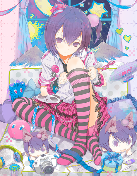 Anime picture 663x850 with fuyuno haruaki mini single long hair tall image looking at viewer fringe short hair smile sitting purple eyes animal ears purple hair ponytail cat ears no shoes side ponytail plaid skirt open collar crescent