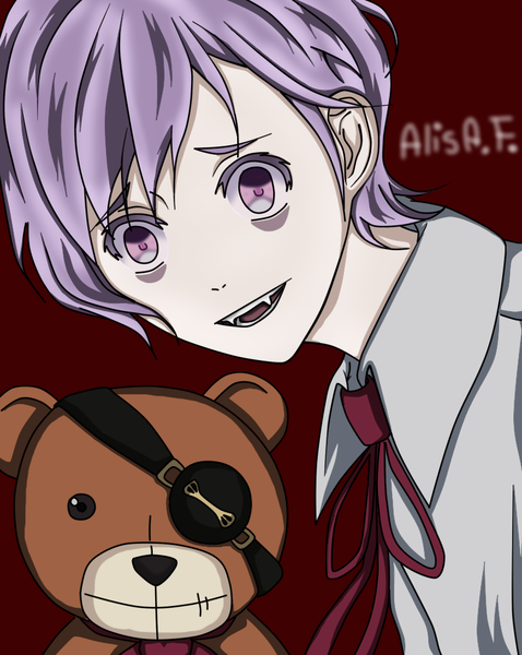 Anime picture 797x1000 with diabolik lovers idea factory sakamaki kanato alisa.f tall image short hair open mouth simple background purple eyes purple hair teeth fang (fangs) face red background vector boy bow ribbon (ribbons) animal shirt