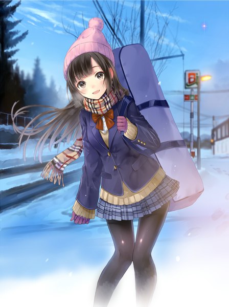 Anime picture 900x1203 with original hanekoto single long hair tall image looking at viewer blush open mouth black hair standing brown eyes sky outdoors leaning thigh gap sleeves past wrists winter knees together feet apart girl skirt