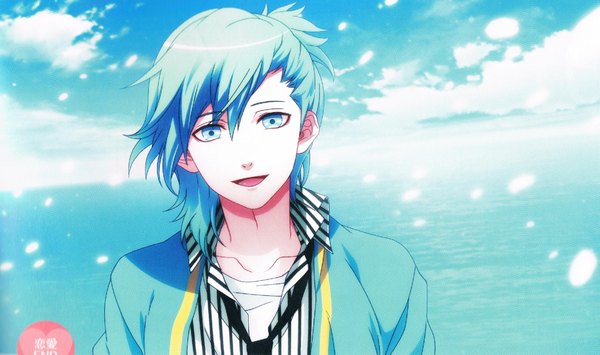 Anime picture 4170x2470 with uta no prince-sama a-1 pictures mikaze ai single looking at viewer highres short hair open mouth blue eyes wide image blue hair absurdres sky cloud (clouds) wind scan open collar boy necktie