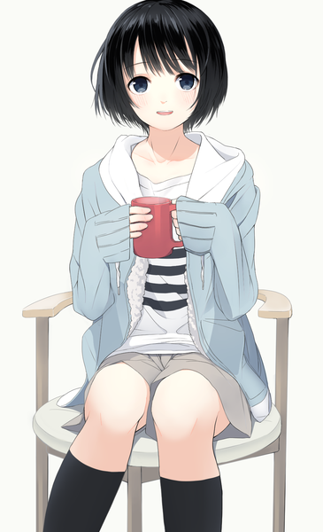 Anime picture 1025x1686 with original aspara single tall image looking at viewer fringe short hair open mouth black hair simple background sitting holding :d black eyes girl socks shorts hood black socks hoodie