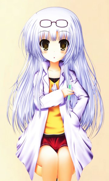 Anime picture 3000x5000 with original toyokawa itsuki (p mayuhime) single long hair tall image looking at viewer blush highres simple background sitting brown eyes white hair hand in pocket glasses on head girl glasses labcoat