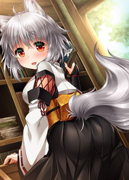 Anime picture 572x800 with touhou inubashiri momiji kei kei single tall image looking at viewer blush fringe short hair open mouth light erotic smile red eyes standing holding animal ears silver hair ahoge tail traditional clothes