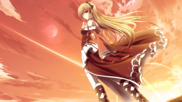 Anime picture 1024x576 with long hair blonde hair wide image brown eyes game cg sky dress headband