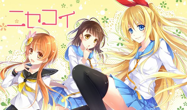 Anime picture 1176x694 with nisekoi shaft (studio) kirisaki chitoge onodera kosaki tachibana marika mochizuki shiina long hair blush open mouth blue eyes blonde hair smile brown hair wide image multiple girls yellow eyes ahoge bent knee (knees) ponytail parted lips