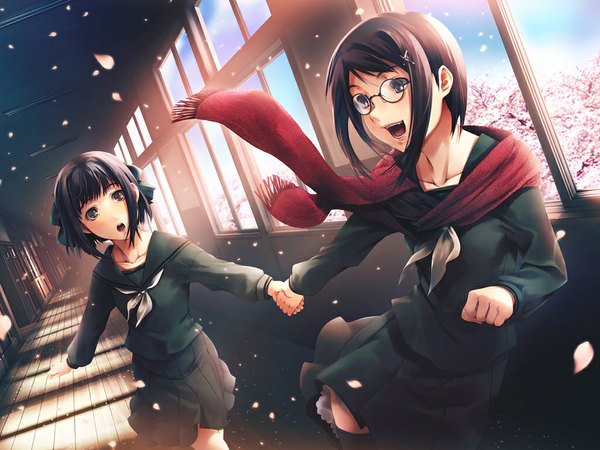 Anime picture 1024x768 with simosi short hair open mouth black hair multiple girls brown eyes wallpaper cherry blossoms holding hands running girl thighhighs uniform black thighhighs 2 girls school uniform petals glasses scarf school